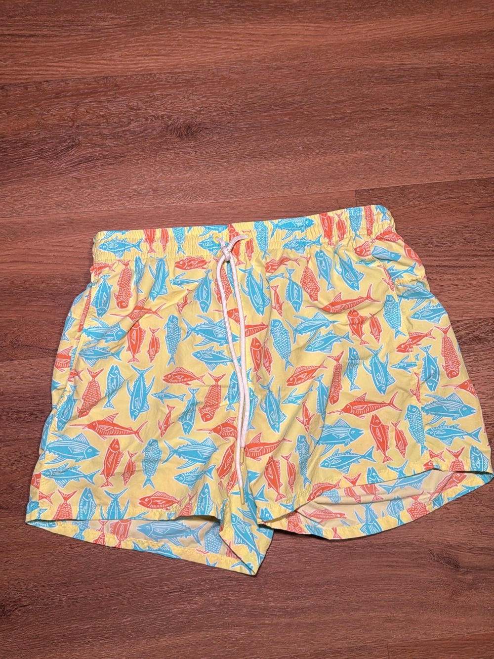 Eddie Bauer Yellow Swim Shorts with Blue and Red Fish Print